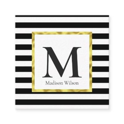 Elegant Black White Stripes Gold Border Monogamr Square