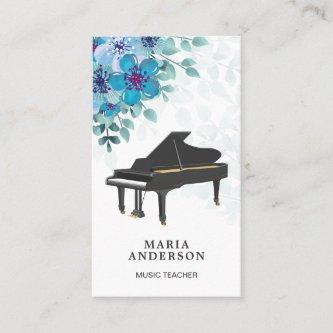 Elegant Blue Floral Grand Piano Musician Pianist