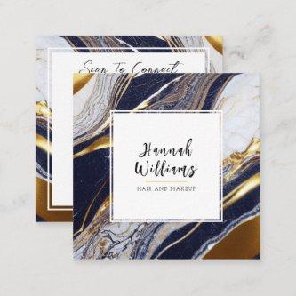 Elegant Blue Gold Glitter QR Code Abstract Marble Square