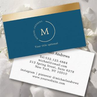 Elegant, Blue, Gold stripe, Circle, Monogram