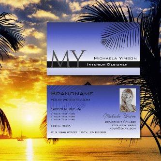 Elegant Blue Gradient Palm Leaf Monogram and Photo