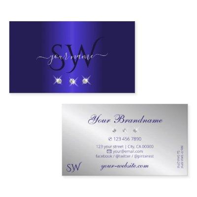 Elegant Blue Silver Sparkling Diamonds Initials