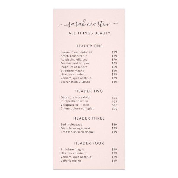 Elegant Blush Pink Beauty Salon Price List Rack Card