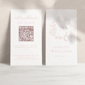Elegant Blush Pink Monogram QR Code Floral Crest
