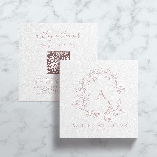 Elegant Blush Pink QR Code Monogram Floral Crest  Square