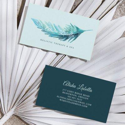 Elegant Boho Teal & Aqua Blue Watercolor Feather