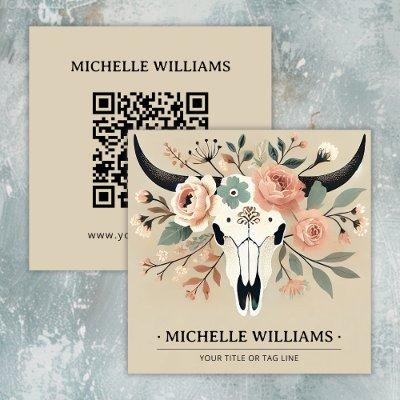 Elegant Boho Western Bull Cow Skull with QR Code  Square