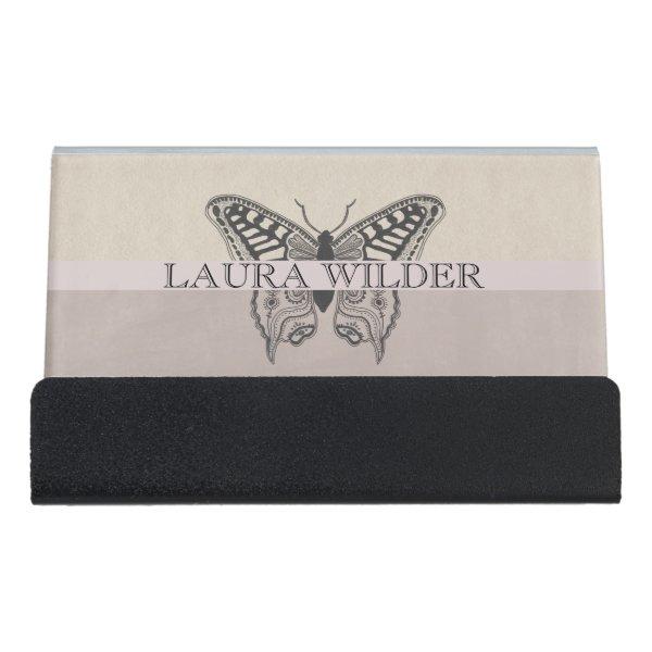 Elegant Butterfly Illustration Name Monogram Desk  Holder