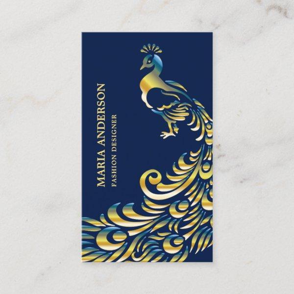 Elegant Chic Blue Gold Foil Shiny Peacock