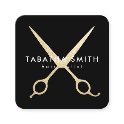 Elegant chic gold foil scissors hair stylist black square