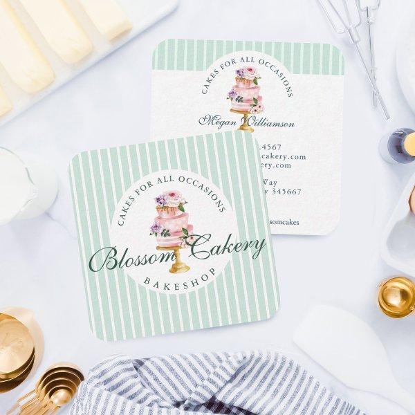 Elegant & Chic Mint Watercolor Floral Cake Bakery Square