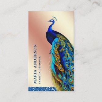 Elegant Chic Rose Gold Foil Blue Indian Peacock