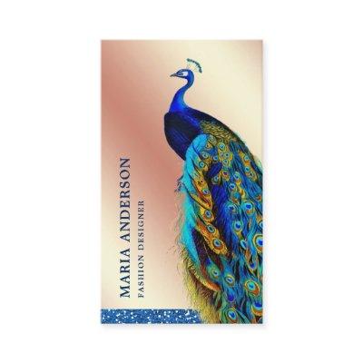 Elegant Chic Rose Gold Foil Blue Indian Peacock