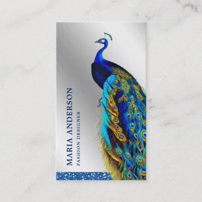 Elegant Chic Silver Foil Blue Indian Peacock