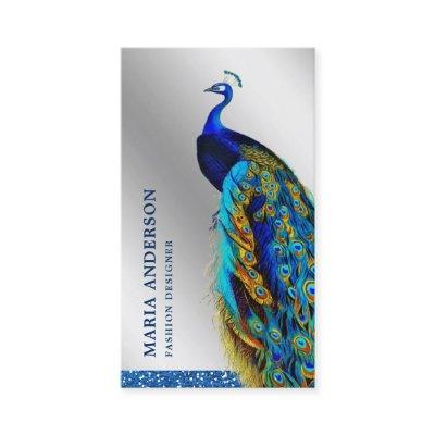 Elegant Chic Silver Foil Blue Indian Peacock