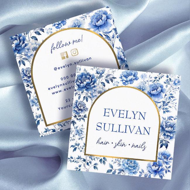 Elegant chinoiserie blue flowers square