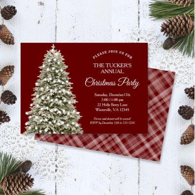 Elegant Christmas Tree Red Plaid Christmas Party Invitation