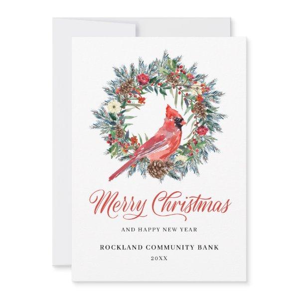 Elegant Christmas Wreath Red Cardinal Corporate  Holiday Card