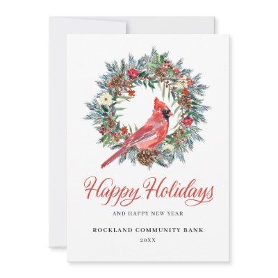 Elegant Christmas Wreath Red Cardinal Corporate Holiday Card