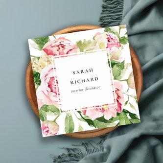 Elegant Clean Pink Green Watercolor Peony Floral Square
