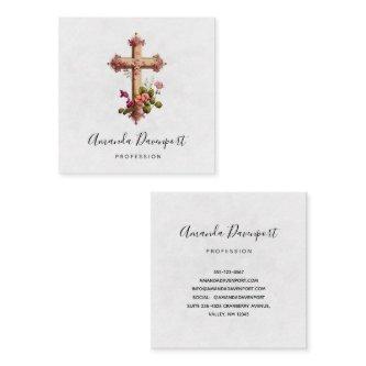 Elegant Cross with Pink Flowers Square