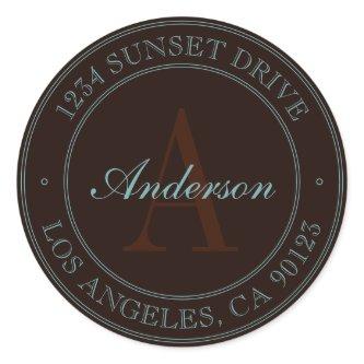 Elegant Dark Brown & Light Teal Monogram Address Classic Round Sticker