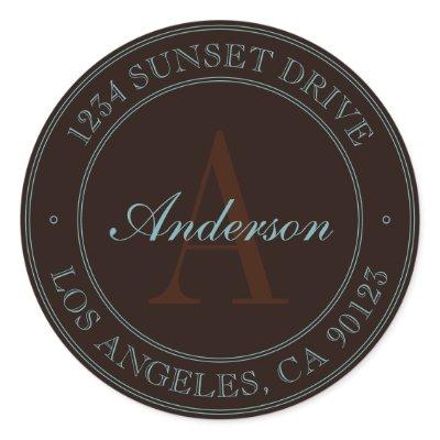 Elegant Dark Brown & Light Teal Monogram Address Classic Round Sticker