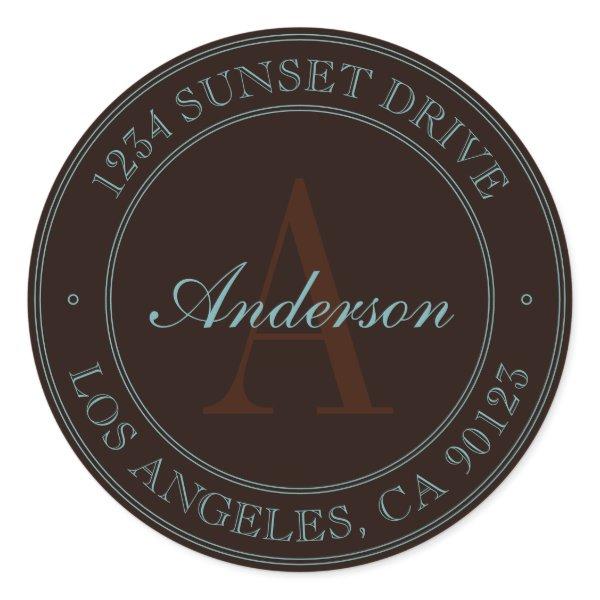 Elegant Dark Brown & Light Teal Monogram Address Classic Round Sticker