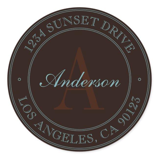 Elegant Dark Brown & Light Teal Monogram Address Classic Round Sticker