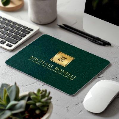 Elegant Dark Green Leather Luxury Gold Logo NAME Mouse Pad