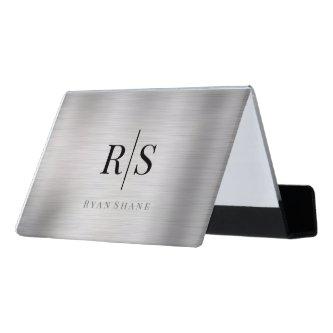 Elegant DIY Blk Monogram Grey Name, Brushed Silver Desk  Holder