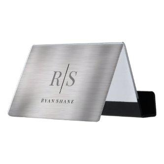Elegant DIY Grey Monogram Blk Name, Brushed Silver Desk  Holder