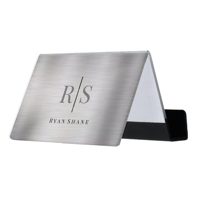 Elegant DIY Grey Monogram Blk Name, Brushed Silver Desk  Holder