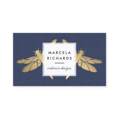 Elegant Faux Gold Dragonfly Duo on Navy Linen