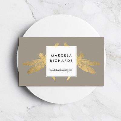 Elegant Faux Gold Dragonfly Duo on Taupe