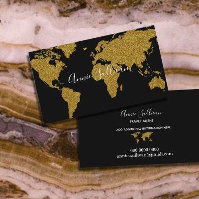 Elegant Faux Gold World Map Black Travel Agent