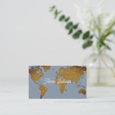 Elegant Faux Gold World Map Dusty Blue