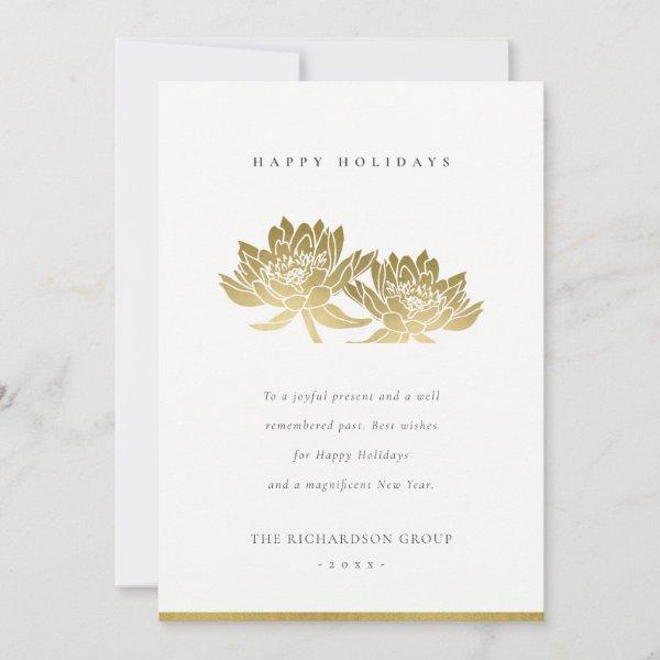 ELEGANT FORMAL FAUX GOLD LOTUS FLORAL BUSINESS  HOLIDAY CARD