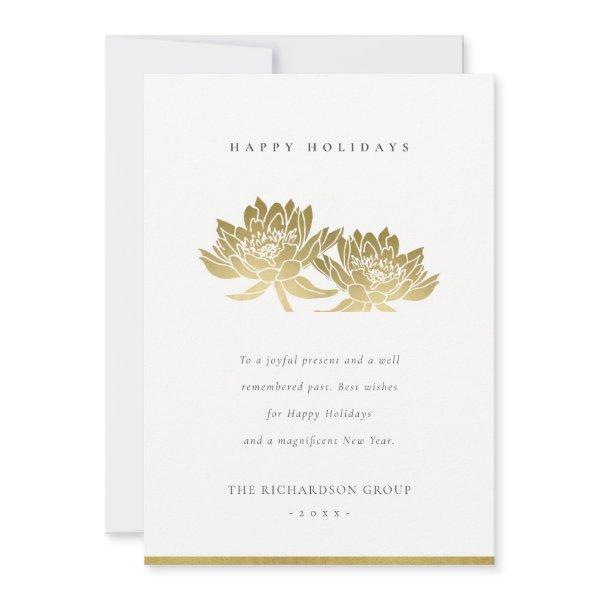 ELEGANT FORMAL FAUX GOLD LOTUS FLORAL BUSINESS  HOLIDAY CARD