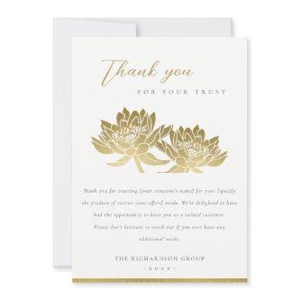 ELEGANT FORMAL FAUX GOLD LOTUS FLORAL BUSINESS THANK YOU CARD