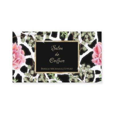 Elegant Giraffe Print Pink Roses Gold Frame Salon