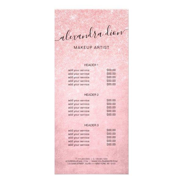 Elegant girly pink rose gold glitter makeup artist rack card