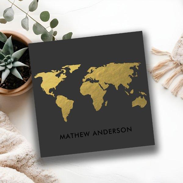 ELEGANT GOLD FAUX BLACK WORLD MAP PERSONALIZED SQUARE