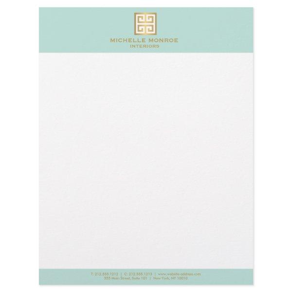 Elegant Gold Greek Key on Mint Interior Designer Letterhead