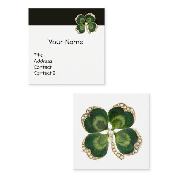 ELEGANT GOLD GREEN SHAMROCK JEWEL AND PEARLS White Square