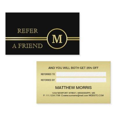 Elegant gold Personalized  Monogram on black  Referral Card