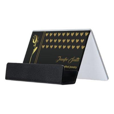 Elegant Golden Flower and Hearts Custom Logo Black Desk  Holder