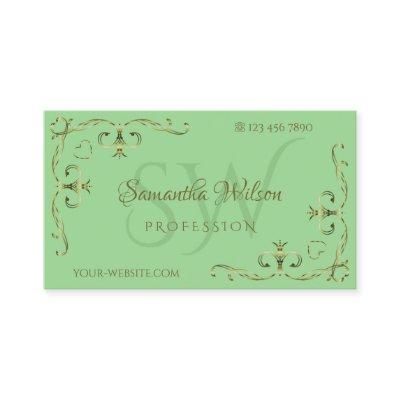 Elegant Golden Ornate Corners Initials Sage Green