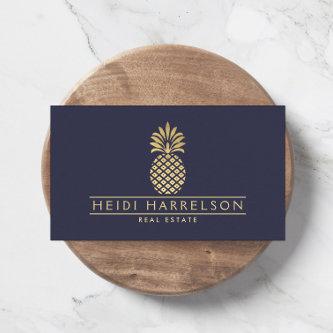 Elegant Golden Pineapple Logo on Dusky Blue