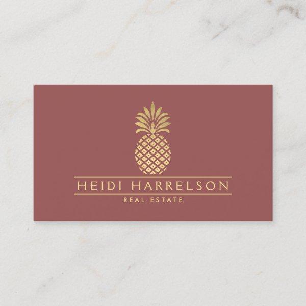 Elegant Golden Pineapple Logo on Dusky Red